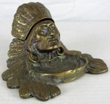 Excellent Antique Figural Brass Native American Indian Chief Ink Well