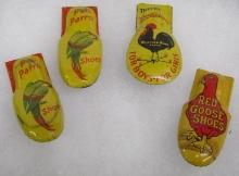 (4) Antique Shoe Store Tin Advertising Clickers- Red Goose, Poll Parrot, Weatherbird