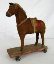 Antique c.1890's Mohair Toy Horse on Wooden Platform