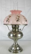 Antique Rayo Oil Lamp w/ Beautifully Decorated Pink Glass Shade