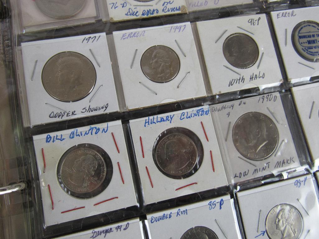 Album of US Error Coins- Cents, Dimes, Nickels, Quarters, Halves.