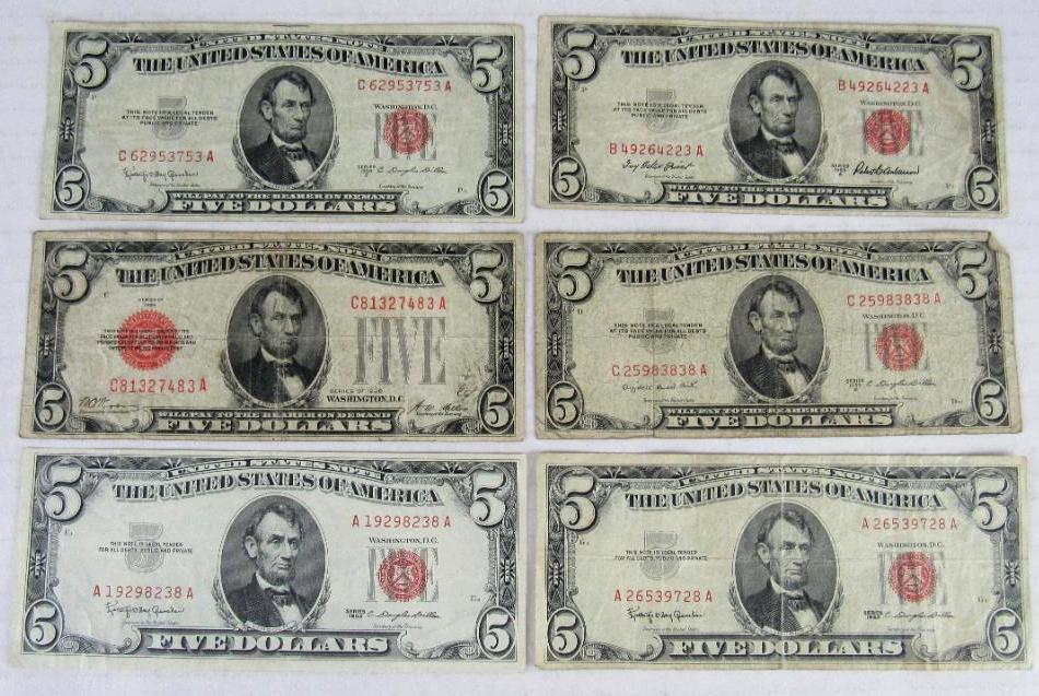 Lot (6) $5 Red Seal Notes- 1928, 1953, 1963