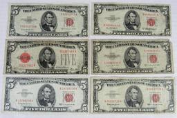 Lot (6) $5 Red Seal Notes- 1928, 1953, 1963