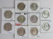 Lot (10) Mixed Date 1950's Franklin Silver Half Dollars