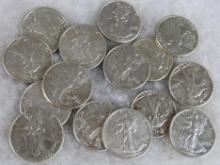 Lot (15) Mixed Date 1940's Walking Liberty Silver Half Dollars