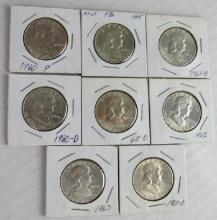 Lot (8) Mixed Date 1960's Franklin Silver Half Dollars