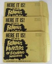 Lot (3) Rare Original 1960's Famous Monsters of Filmland Mailing Envelopes- Warren Pub