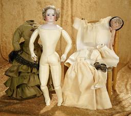 17" Beautiful French bisque poupee, Dehors articulation, sturdy body, original costume. $1800/2300