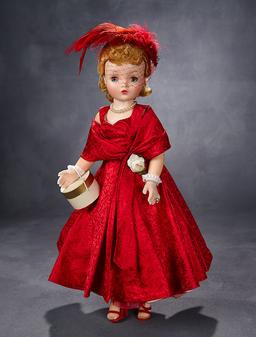 Outstanding Cissy in Vibrant Red Silk Brocade with Feathered Cap, 1955 2500/3500
