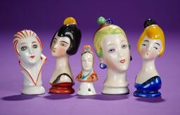 Five German Porcelain Pincushion Heads in Stylized Art Deco Manner 200/400