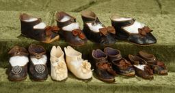 Six pairs of antique French doll shoes. $500/700