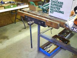 Great sturdy steel framed work bench measures 82" x 56" x 37" high. Each end has a vise mounted as