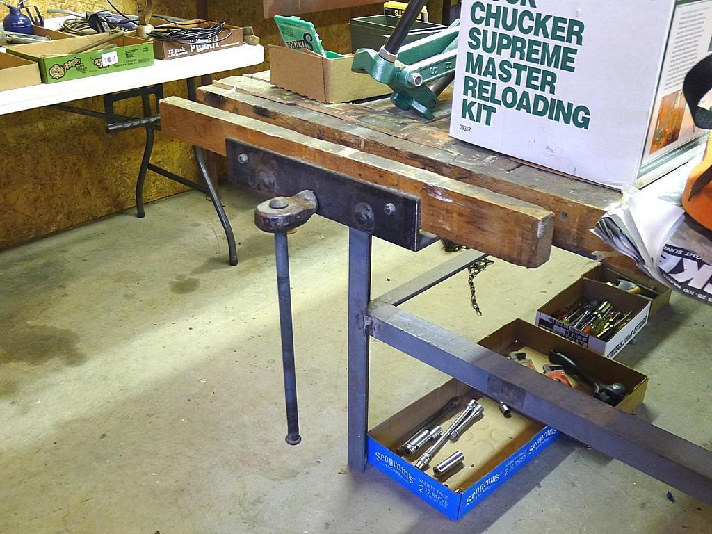Great sturdy steel framed work bench measures 82" x 56" x 37" high. Each end has a vise mounted as