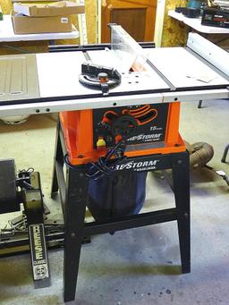 Black and Decker FireStorm 10" table saw with steel floor stand and dust collection bag. Table with