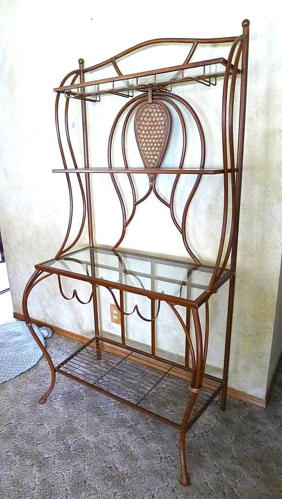 Metal framed wine rack with two glass shelves and a bottom wire shelf. Approx. 6' tall x 3' wide x