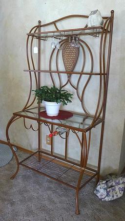 Metal framed wine rack with two glass shelves and a bottom wire shelf. Approx. 6' tall x 3' wide x