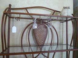Metal framed wine rack with two glass shelves and a bottom wire shelf. Approx. 6' tall x 3' wide x