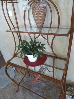 Metal framed wine rack with two glass shelves and a bottom wire shelf. Approx. 6' tall x 3' wide x