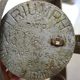 Triumph No. 3 double long spring trap is 17" and appears original and complete. Triumph No. 1-1/2