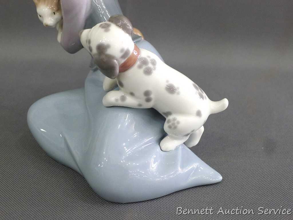 Lladro girl with dalmatian and cat figurine, marked 5032, D-20 E. Stands 7". In very good condition