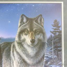 Night Watch wolf print is nicely framed and matted, signed by James Meger and is numbered 1193/2500.