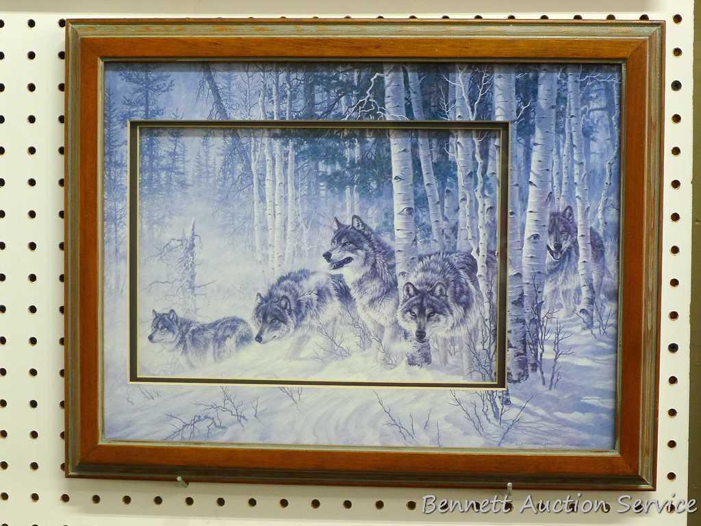Unique 3D framed and matted wolf print is marked Larry Fanning and is approx 18" x 14" over frame.