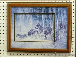 Unique 3D framed and matted wolf print is marked Larry Fanning and is approx 18" x 14" over frame.