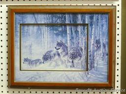 Unique 3D framed and matted wolf print is marked Larry Fanning and is approx 18" x 14" over frame.