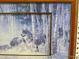 Unique 3D framed and matted wolf print is marked Larry Fanning and is approx 18" x 14" over frame.