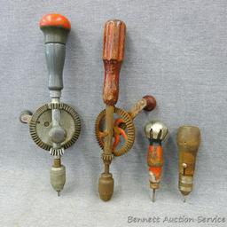 Handyman hand drill, another hand drill and two scribers. Handyman drill is 12" long.