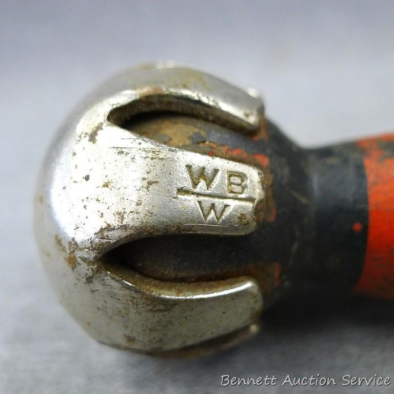 Handyman hand drill, another hand drill and two scribers. Handyman drill is 12" long.