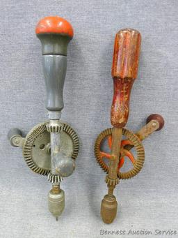 Handyman hand drill, another hand drill and two scribers. Handyman drill is 12" long.