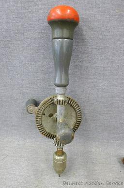 Handyman hand drill, another hand drill and two scribers. Handyman drill is 12" long.