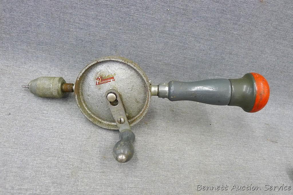 Handyman hand drill, another hand drill and two scribers. Handyman drill is 12" long.