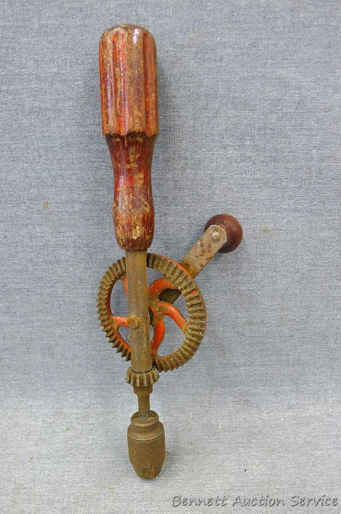 Handyman hand drill, another hand drill and two scribers. Handyman drill is 12" long.