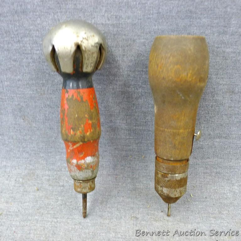 Handyman hand drill, another hand drill and two scribers. Handyman drill is 12" long.