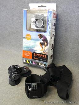 Sports Cam waterproof camera has a 2" screen and full HD 1080p. Includes mounting strap and suction