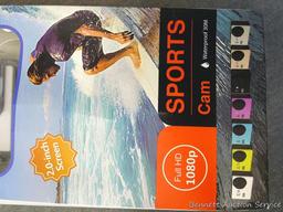 Sports Cam waterproof camera has a 2" screen and full HD 1080p. Includes mounting strap and suction