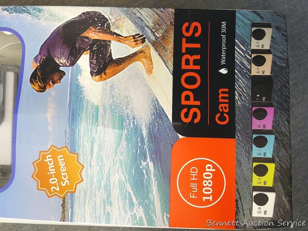 Sports Cam waterproof camera has a 2" screen and full HD 1080p. Includes mounting strap and suction