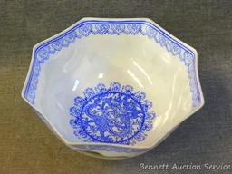 Egg shell porcelain Oriental octagonal bowl depicts mountain scene and comes with storage box. Bowl