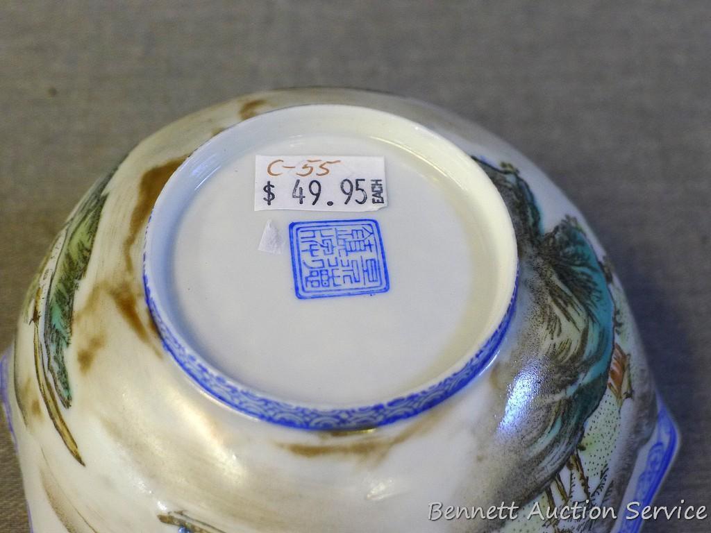 Egg shell porcelain Oriental octagonal bowl depicts mountain scene and comes with storage box. Bowl