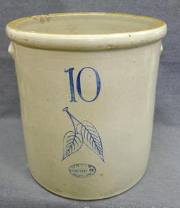 10 gallon stoneware crock with birch leaves by Union Stoneware Co. of Red Wing, Minn. Crock is in