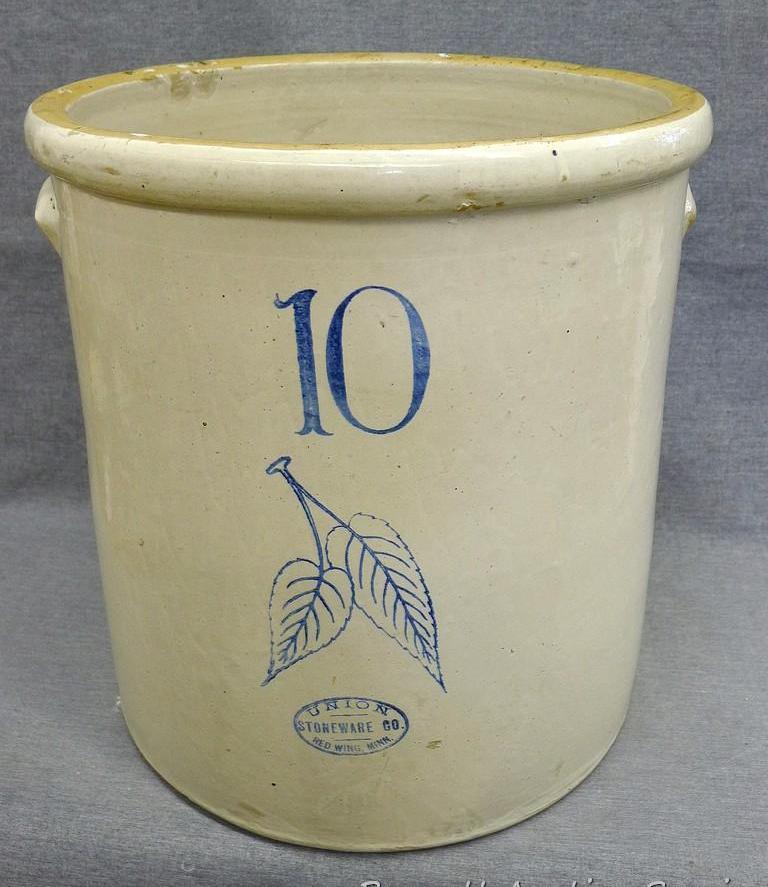 10 gallon stoneware crock with birch leaves by Union Stoneware Co. of Red Wing, Minn. Crock is in
