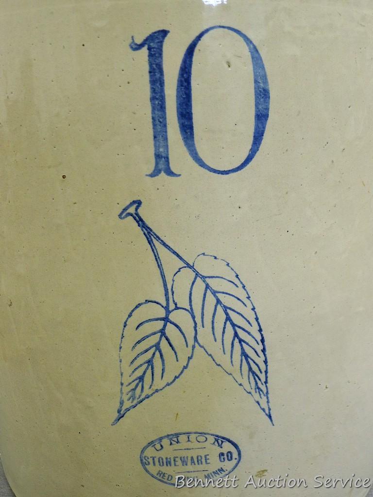 10 gallon stoneware crock with birch leaves by Union Stoneware Co. of Red Wing, Minn. Crock is in