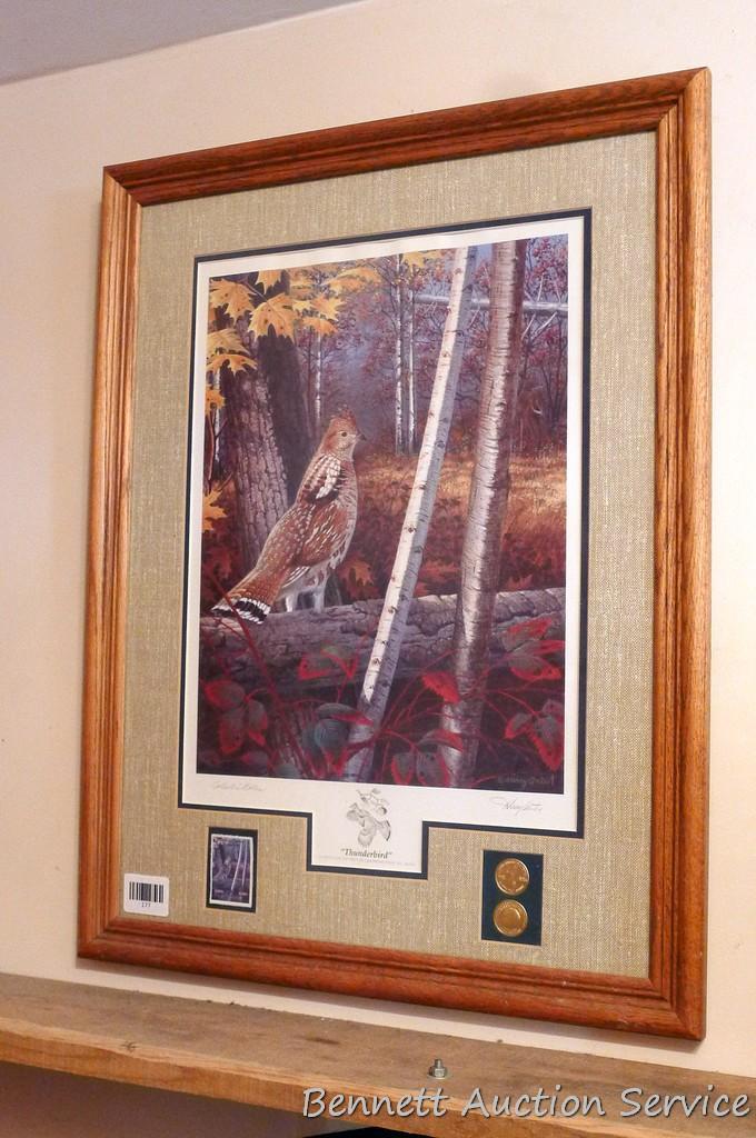 Nicely framed and matted Thunderbird print by Henry Antist includes an $8 stamp. Measures approx