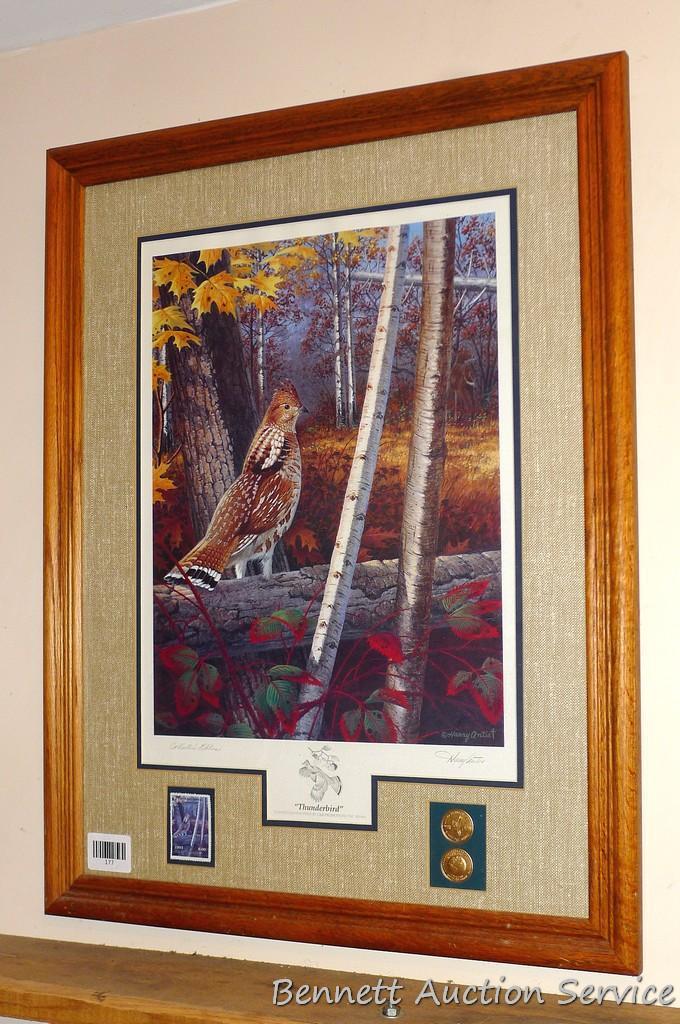 Nicely framed and matted Thunderbird print by Henry Antist includes an $8 stamp. Measures approx