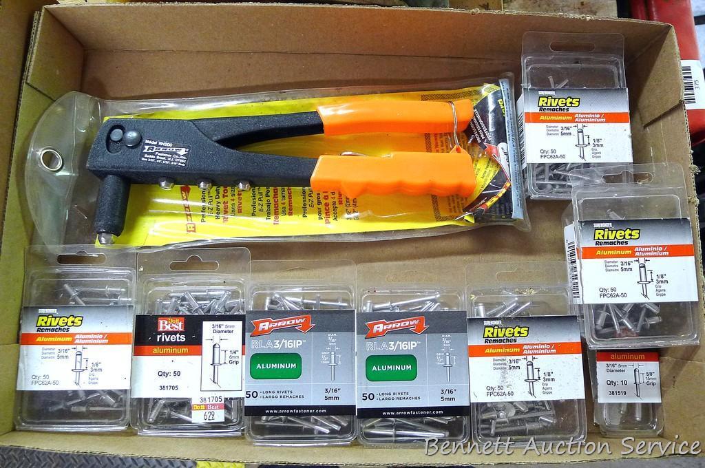 Arrow model RH200 heavy duty rivet tool, includes assortment of rivets.