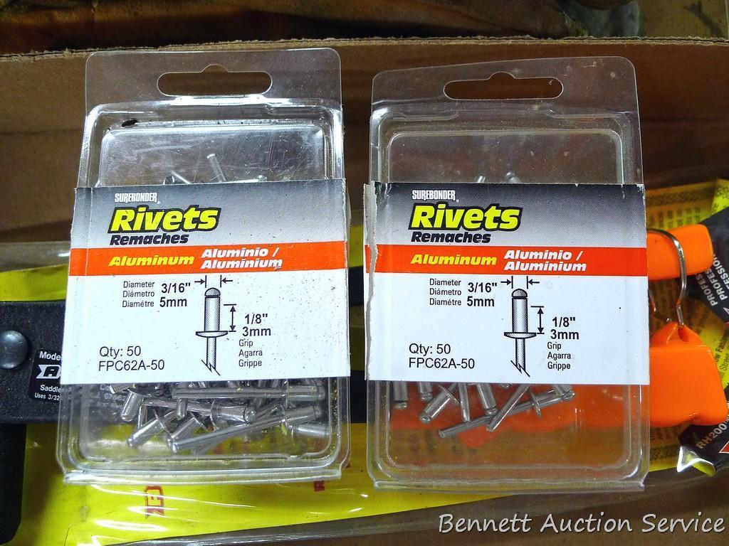 Arrow model RH200 heavy duty rivet tool, includes assortment of rivets.