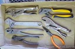Assortment of wrenches including needle nose, vise grips, cutting, crescent and adjustable.
