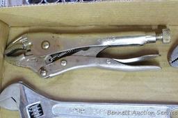 Assortment of wrenches including needle nose, vise grips, cutting, crescent and adjustable.